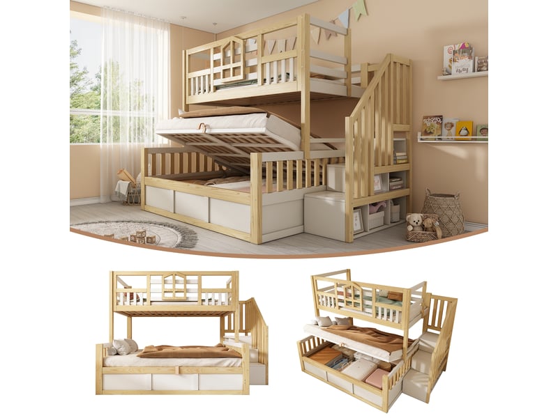  Lit superposé enfant cabane 90x200 cm et 140x200 cm avec rangement escalier coffre hydraulique blanc et bois massif  - Conforama R
