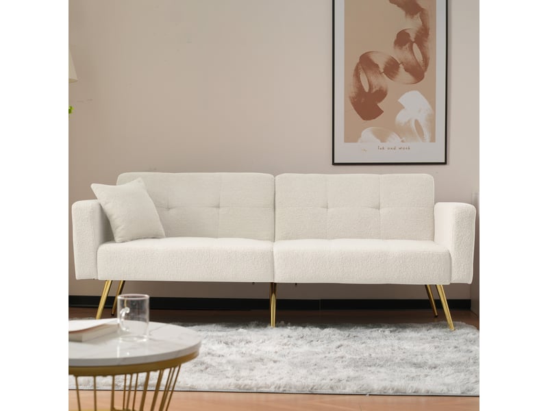 Canapé convertible 2 places avec dossier inclinable, fonction lit, tissu bouclé, poches latérales, pieds dorés, design moderne - blanc - Conforama E