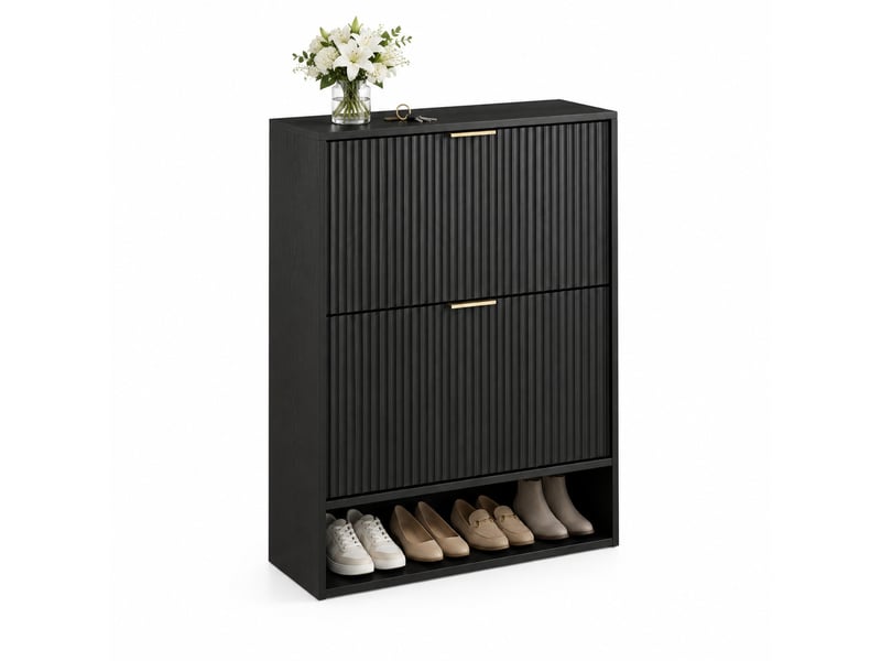 Meuble à chaussures étroit à 2 abattants, niche ouverte, étagères réglables et anti-basculement pour entrée en mdf noir