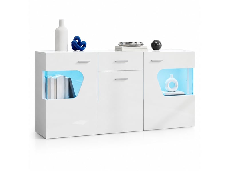 Buffet 3 portes avec éclairage led et vitrine - lpospi - tiroir, rangement, mdf et verre blanc - 140 × 33 × 70 cm - Conforama A