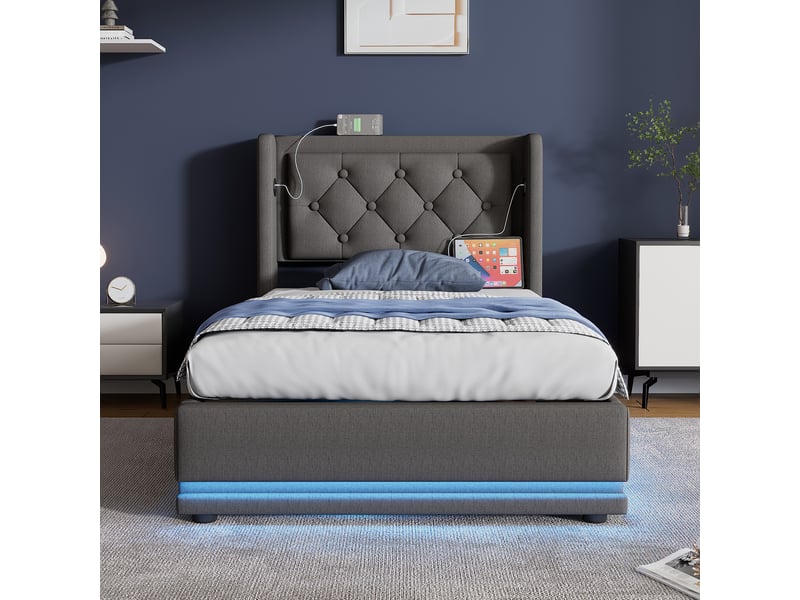 Lit coffre enfant 90x200 cm avec led, port usb type-c, tête de lit et cadre en métal, sommier inclus, coton, gris, sans matelas - Conforama B