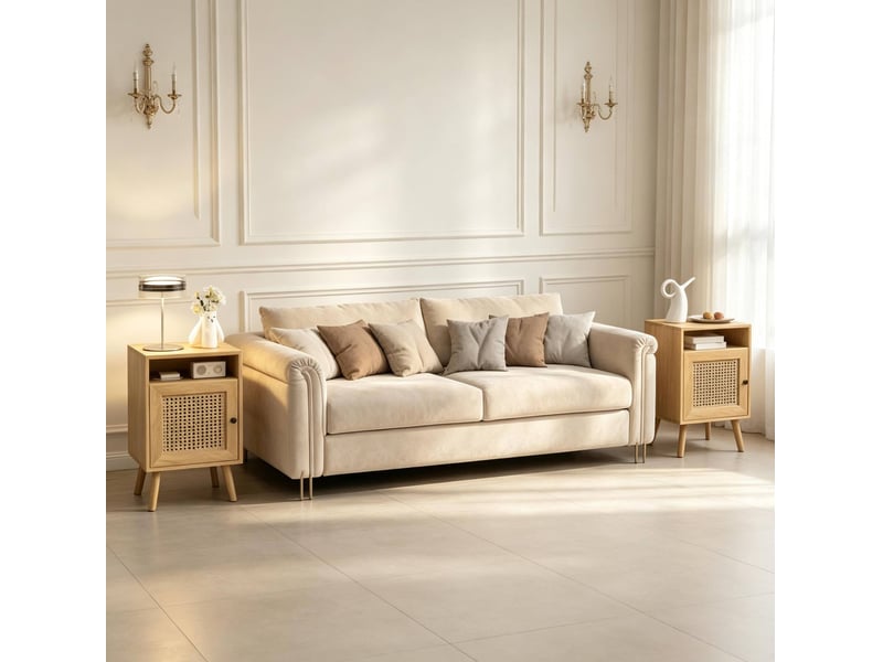  Tables de chevet tcqpz lot de 2 39 x 35 x 60 cm avec niche et porte en rotin naturel  - Conforama B