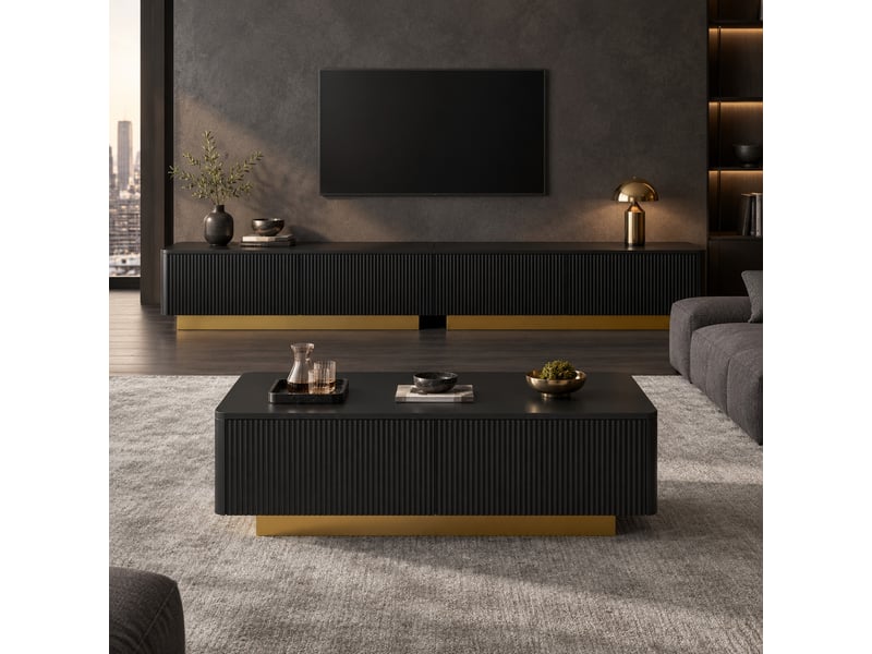  Meuble tv et table basse avec rangements, façades rainurées et socles dorés en mdf et panneaux de particules pour salon  - Conforama C