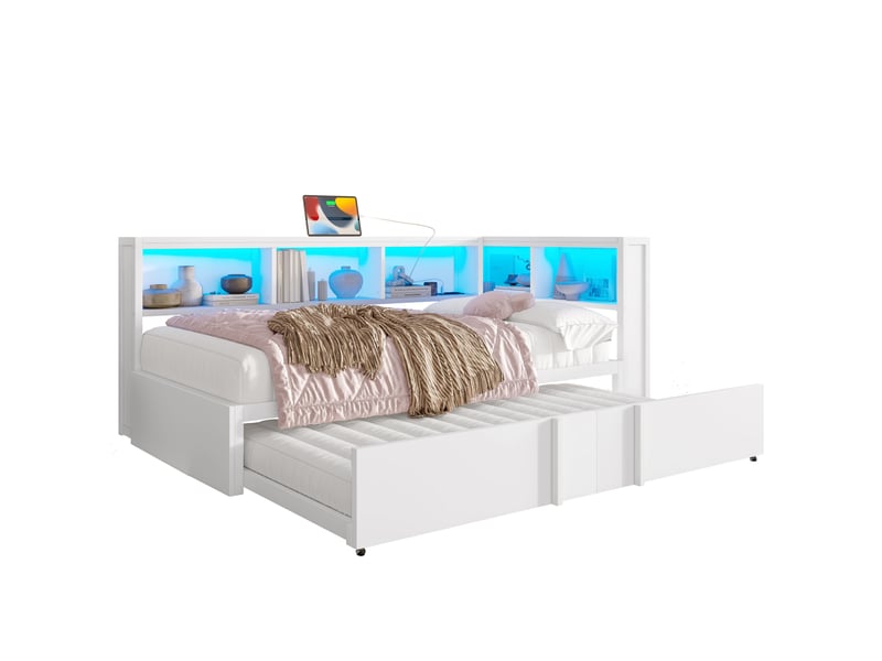  Canapé-lit 90x200 cm avec éclairage led et prise usb, lit adulte avec lit gigogne, noir, lit 1 personne  - Conforama B