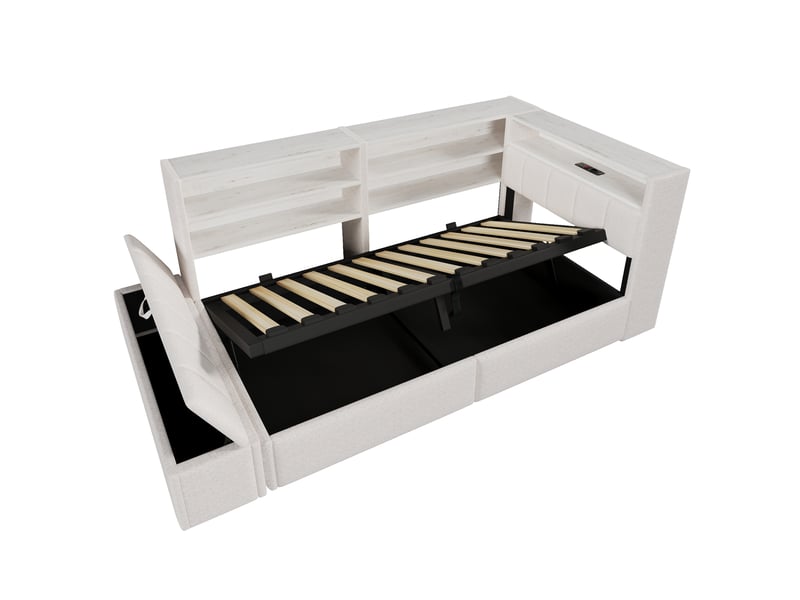 Canapé-lit 90 x 200 cm, suspension hydraulique, banquette-lit, prise électrique, caisson latéral réversible (à gauche ou à droite) avec port usb et éclairage led, sans matelas, velours blanc. - Conforama D