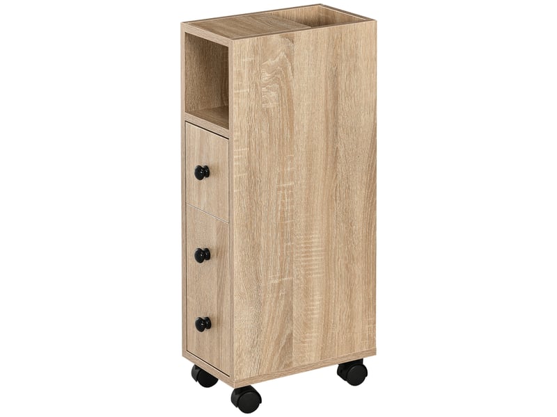  Meuble de salle de bain à quatre roulettes, compartiment ouvert, tiroir et placard, en bois, 18 x 30 x 68,5 cm, couleur chêne  - Conforama B