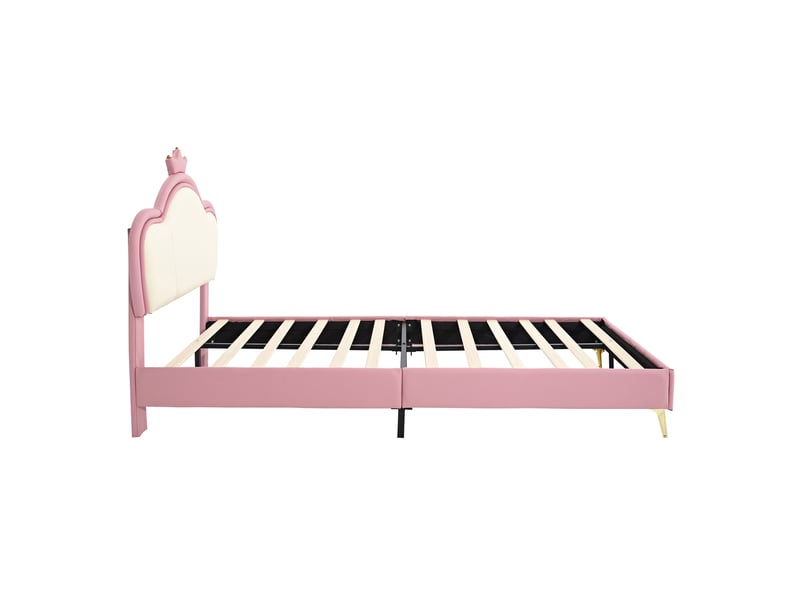  Lit enfant simple 90x200 cm avec tête couronne et sommier, pu, rose et blanc, sans matelas  - Conforama C