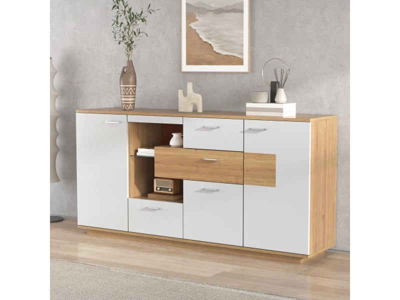 Buffet moderne avec espace de rangement et éclairage led, avec 2 portes, 4 tiroirs, étagère en verre, meuble de salon, 160x40x77cm - Conforama E