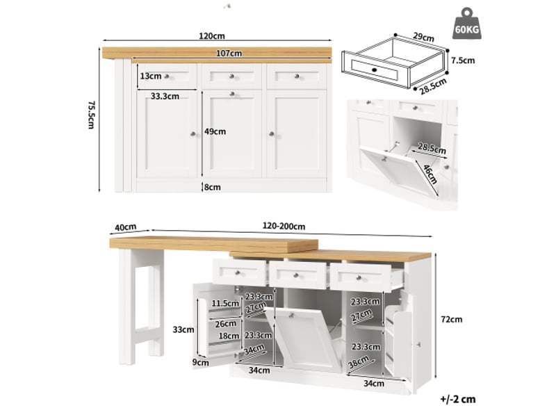  Bahut de cuisine multifonction, table à manger pliable avec tiroir et bac à snacks, support poubelle intégré extractible  - Conforama D
