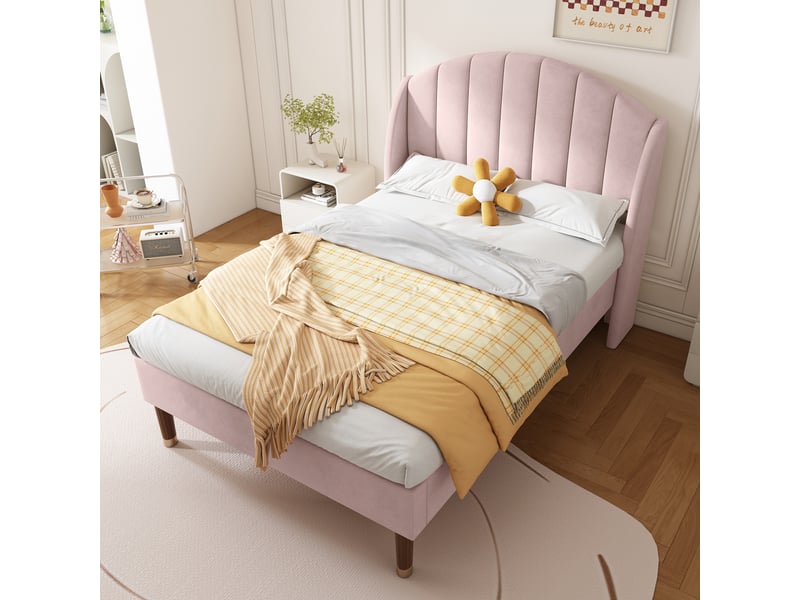  Lit capitonné, lit simple 90x200 cm en velours avec tête rembourrée, lattes en bois et pieds de 20 cm, rose  - Conforama C