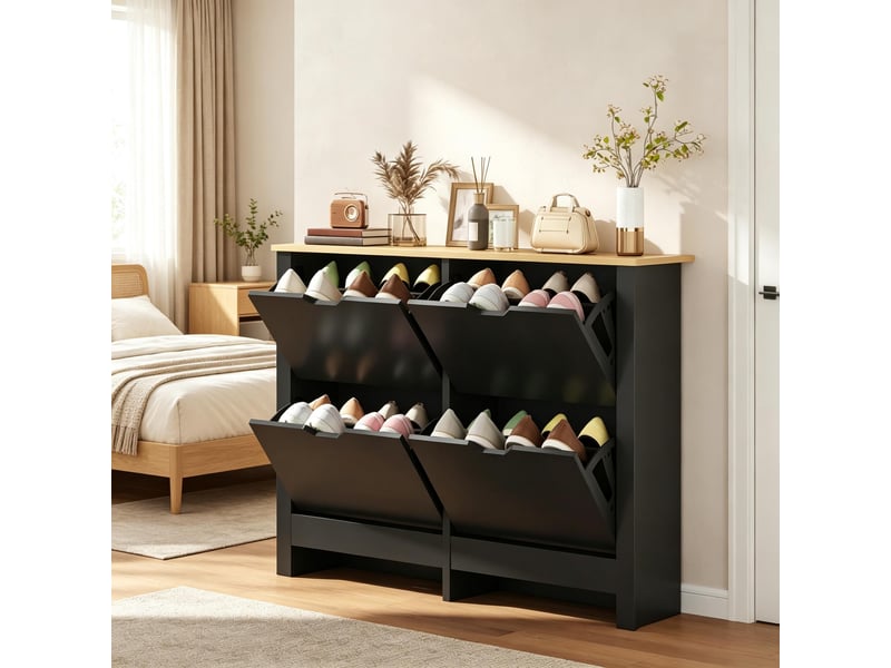  Meuble à chaussures avec 4 portes basculantes et séparateurs réglables, plateau supérieur, pour entrée, 105×26×80 cm  - Conforama B