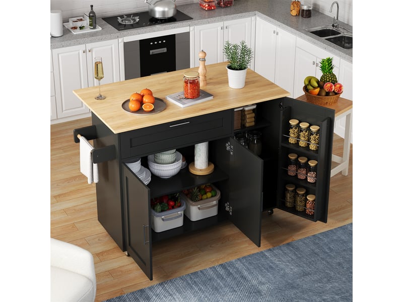  Îlot de cuisine sur roulettes avec plateau rabattable extensible, meuble de rangement design noir et naturel, l132.5xp70xh90cm  - Conforama C