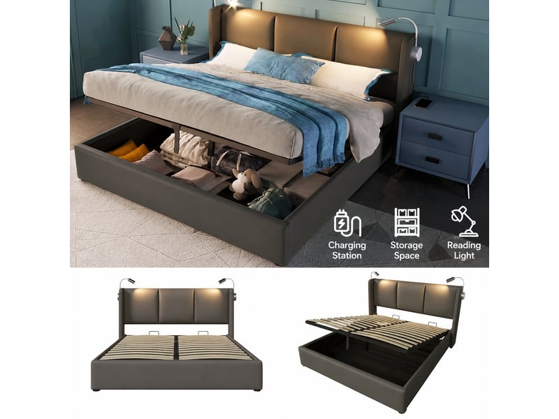 Lit coffre 180x200, sommier relevable, liseuses led et 2 ports usb, similicuir gris - Conforama E