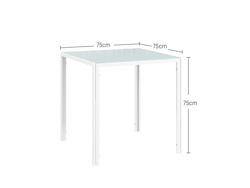  Table de salle à manger pour 4 personnes avec plateau en verre et cadre métallique, cuisine, 75×75×75 cm, blanc  - Conforama D