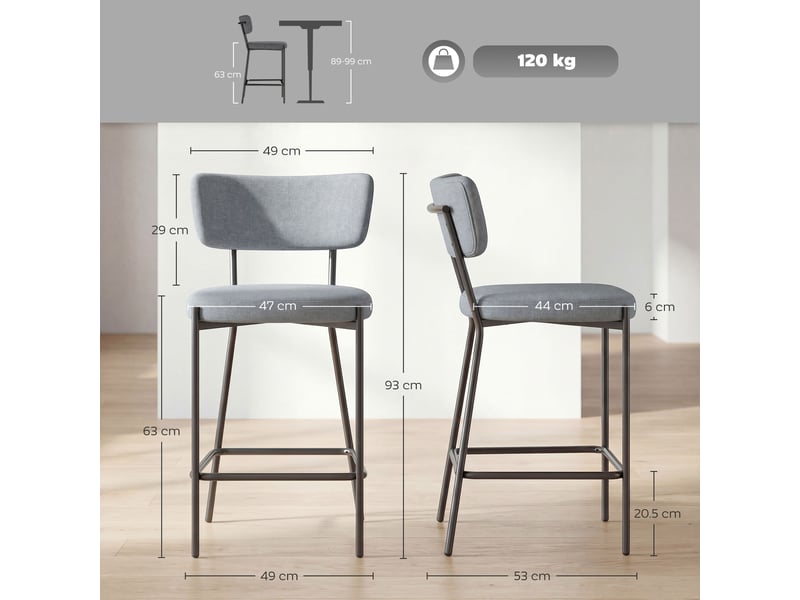 Ensemble de 2 tabourets de bar avec dossier et repose-pieds, en métal et tissu, gris clair  - Conforama E