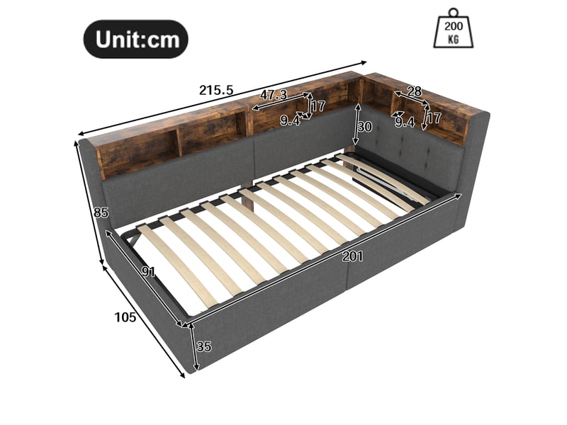  Lit de jour 90x200 cm canapé lit en lin gris avec coffre hydraulique et ports usbtype-c  - Conforama C
