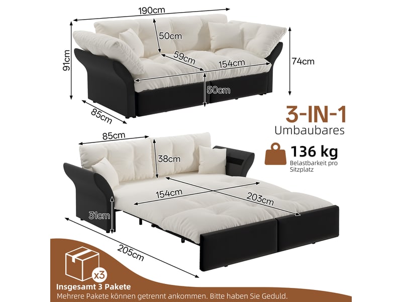  Canapé-lit convertible 3-en-1 2 places 190x85x91 cm, canapé extensible capitonné, couchage 154x203 cm, méridienne, 2 coussins, velours beige et blanc  - Conforama D