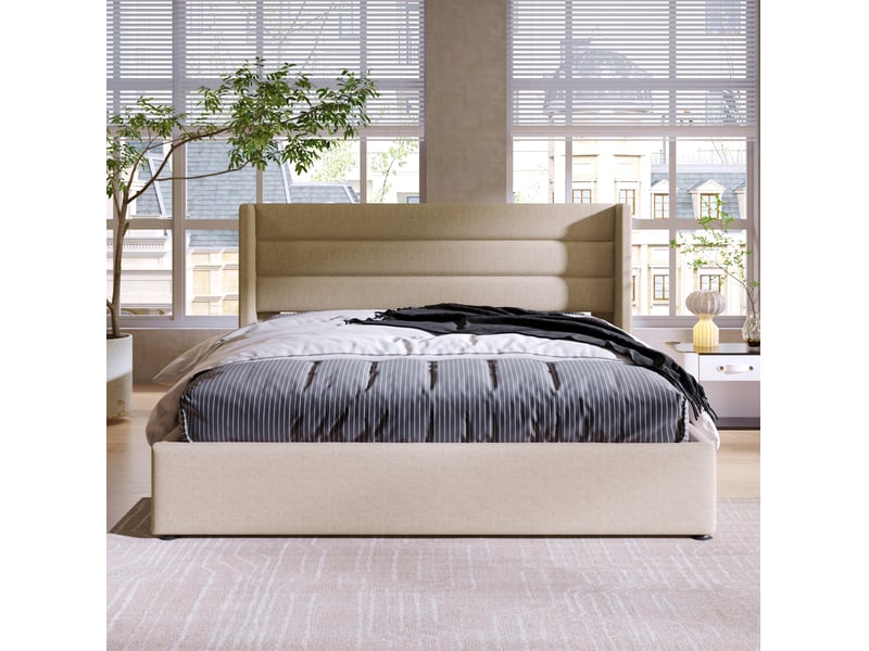  Lit coffre tcqpz 160 x 200 cm avec sommier à lattes relevable hydraulique en lin beige  - Conforama D