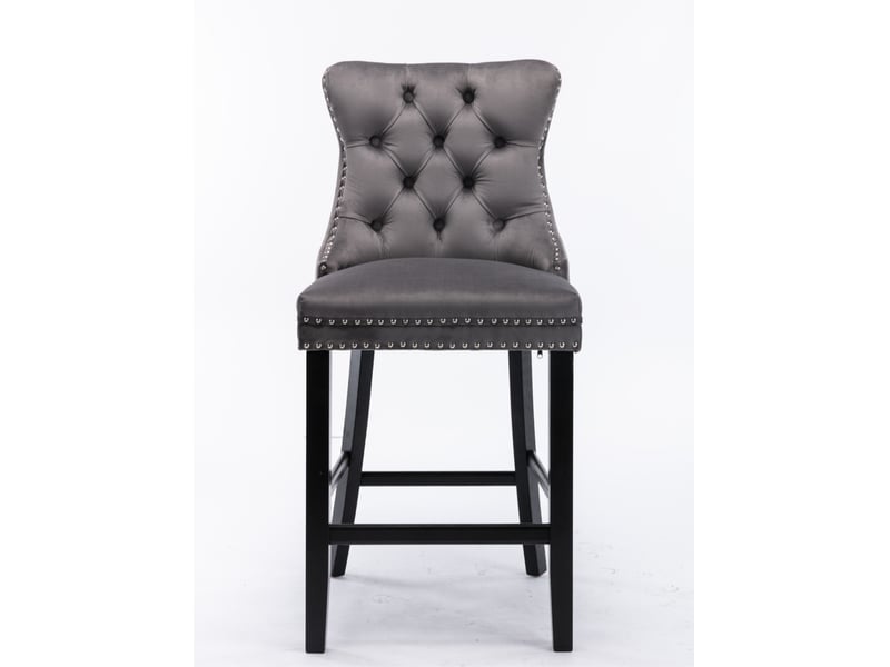  Tabourets de bar de2002gy gris lot de 2 en velours capitonné avec pieds bois et clous chrome  - Conforama A