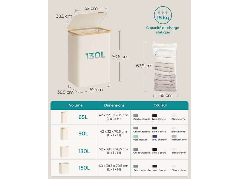  Panier à linge pliable design moderne gain de place 52 x 38,5 x 70,5 cm en tissu oxford blanc crème 12_0011203  - Conforama B