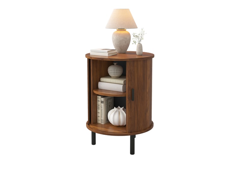  Bout de canapé rond 48 x 48 x 65 cm avec porte coulissante, rangement 2 niveaux, décor noyer  - Conforama A