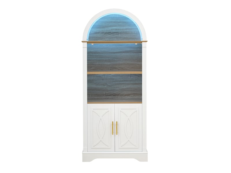  Armoire de cuisine haute - 76 x 40 x 180 cm - blanc et bois - vaisselier de rangement avec éclairage led et niches ouvertes  - Conforama A