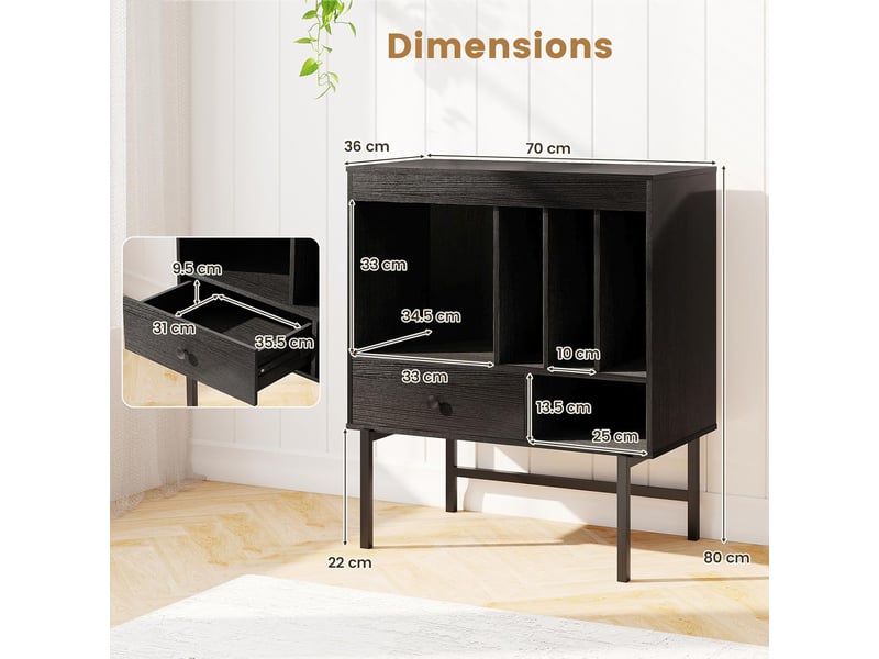 Meuble platine vinyle 3 niveaux pour albums, support de tourne-disques avec tiroir, compartiments ouverts, pour vinyles pour salon, studio (noir)  - Conforama B