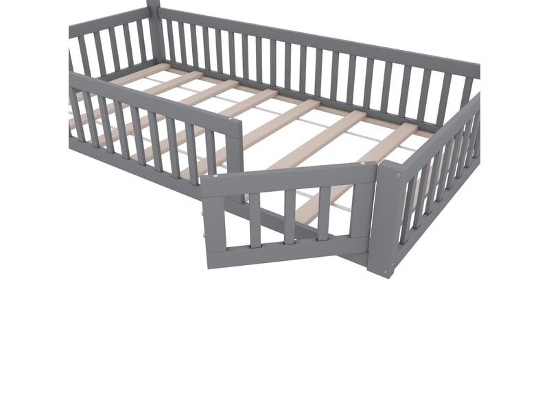  Lit cabane enfant 90x200 -sogeu- en pin - forme cheminée - structure stable - style scandinave, certifié en747, gris  - Conforama D