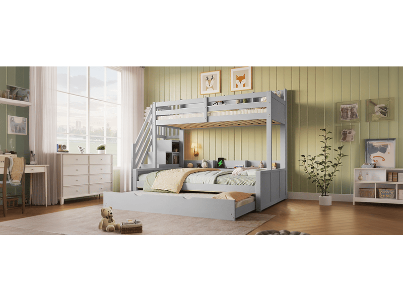 Lit superposé 90 x 200 cm, lit enfant à deux couchages, étagères ouvertes, couchage gigogne, ports usb et usb-c, échelle, bois massif, gris Morn Vibe - Conforama E