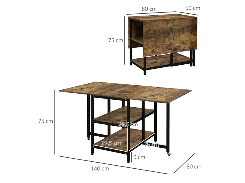  Table de salle à manger pour 2 à 6 personnes pliante avec 2 étagères et roulettes en acier marron pour cuisine  - Conforama D