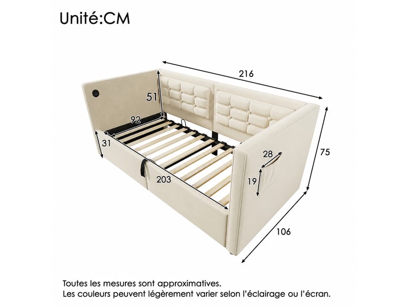 Lit banquette 1 place en velours avec coffre hydraulique, usb et type-c, couchage 200x90 cm, sans matelas, beige  - Conforama D