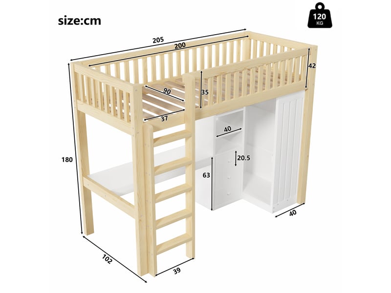  Lit mezzanine 90x200 cm avec bureau, armoire et 3 tiroirs blanc et naturel  - Conforama C