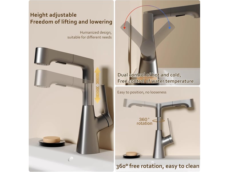 Robinet de lavabo extractible, robinet de lavabo monotrou, valve en céramique (gris)  - Conforama C
