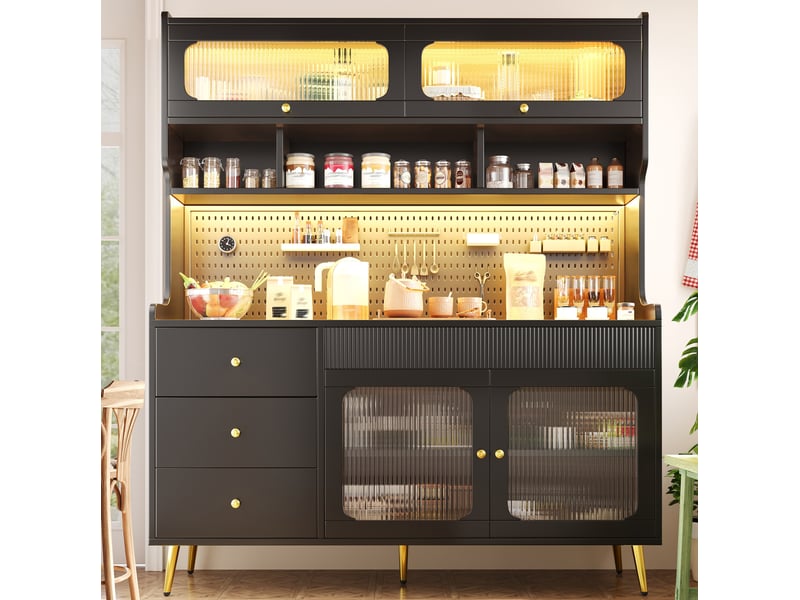  Buffet haut 4 portes vitrées, 3 tiroirs, led et panneau perforé pour cuisine ou salon, noir 145 × 39 × 171 cm  - Conforama E
