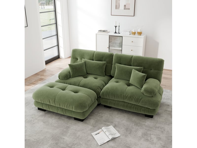 Canapé d'angle modulaire 2 places en chenille vert avec ottoman mobile - Conforama C