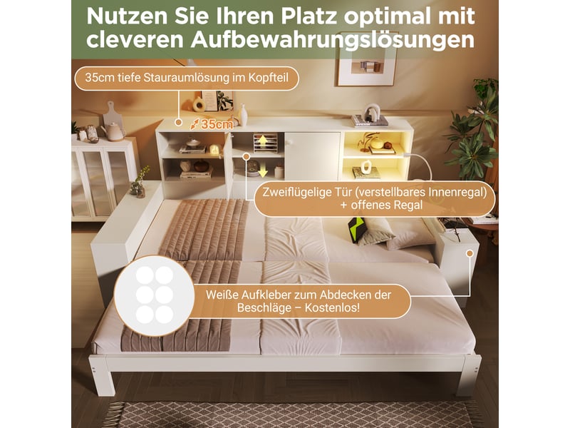 Lit coffre 90x200 cm, lit enfant, couchage d'appoint, coffre de rangement, couchage gigogne extensible, usb et usb-c, bois blanc - Conforama R