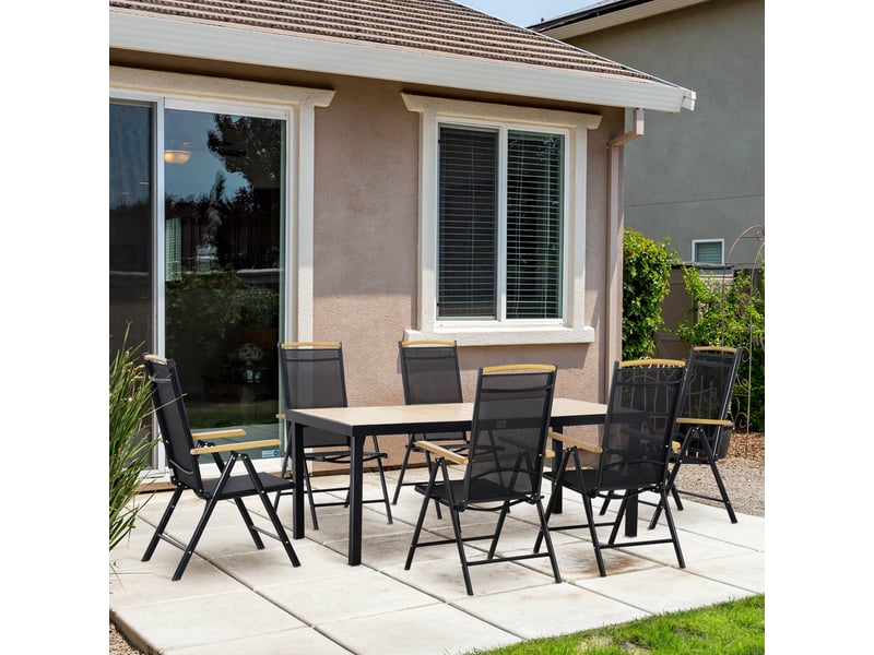  Salon de jardin extérieur 6 personnes, cadre en aluminium, table 190 cm, 6 chaises pliables et inclinables, noir  - Conforama C