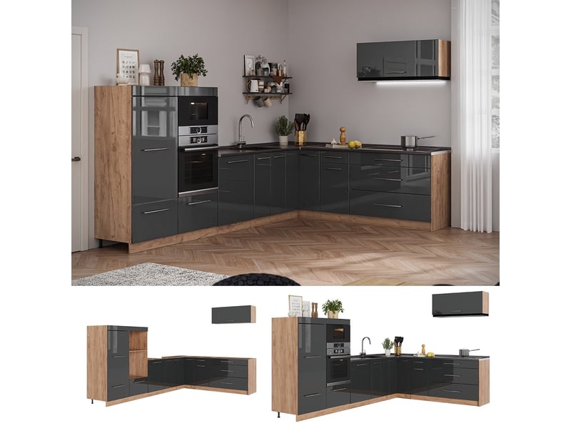Vicco cuisine en angle, anthracite haute brillancechêne de force doré, 327x60cm, pt marbre - Conforama D