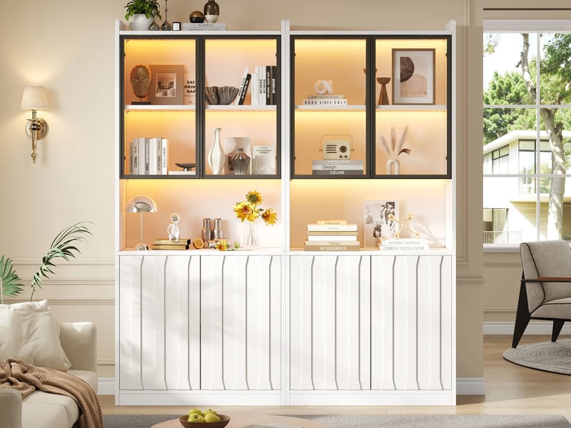  Lot de 2 vitrines avec  portes vitrées, 'un éclairage led et d'étagères ouvertes ,160 x 35 x 200 cm,  blanc  - Conforama B