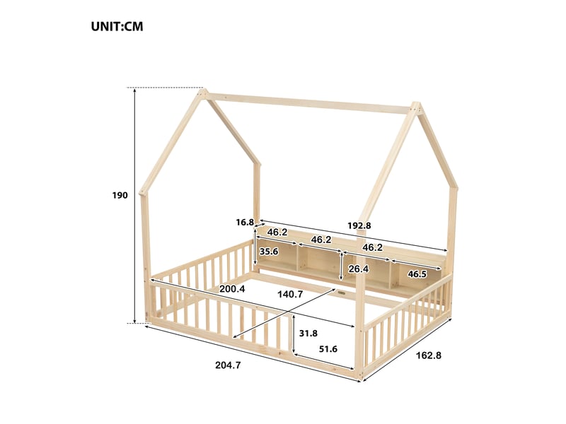 Lit cabane enfant 140 × 200 cm en bois de pin avec barrières de sécurité, étagères de rangement intégrées et cadre maison - naturel - Conforama C