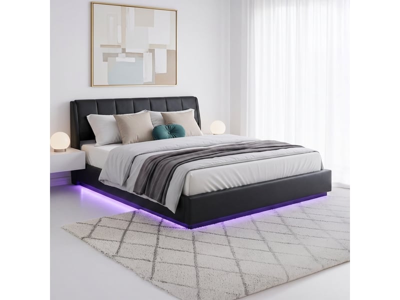  Lit double capitonné tröstiar avec éclairage led 180 x 200 cm noir simili [en.casa] Tröstiar - Conforama B
