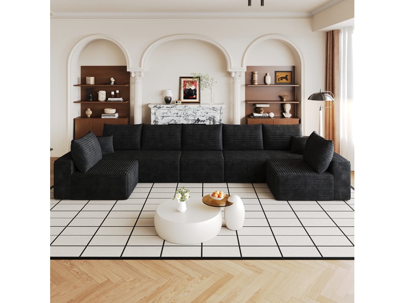 Canapé modulaire 7 places avec méridienne, assise profonde en velours côtelé noir, 422 × 165 × 83 cm - Conforama B