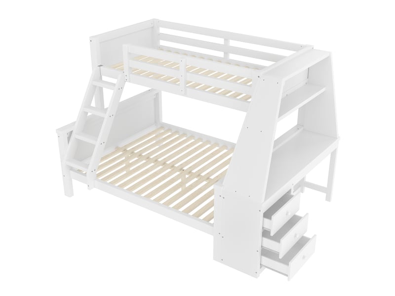 Lit superposé blanc 90/140x200 cm, table, grand rangement, échelle modulable - Conforama E