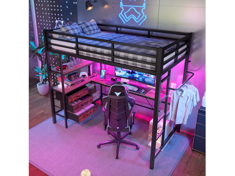  Lit mezzanine 90 x 200 cm avec bureau, led, tiroirs, prise usb et étagères noir  - Conforama B
