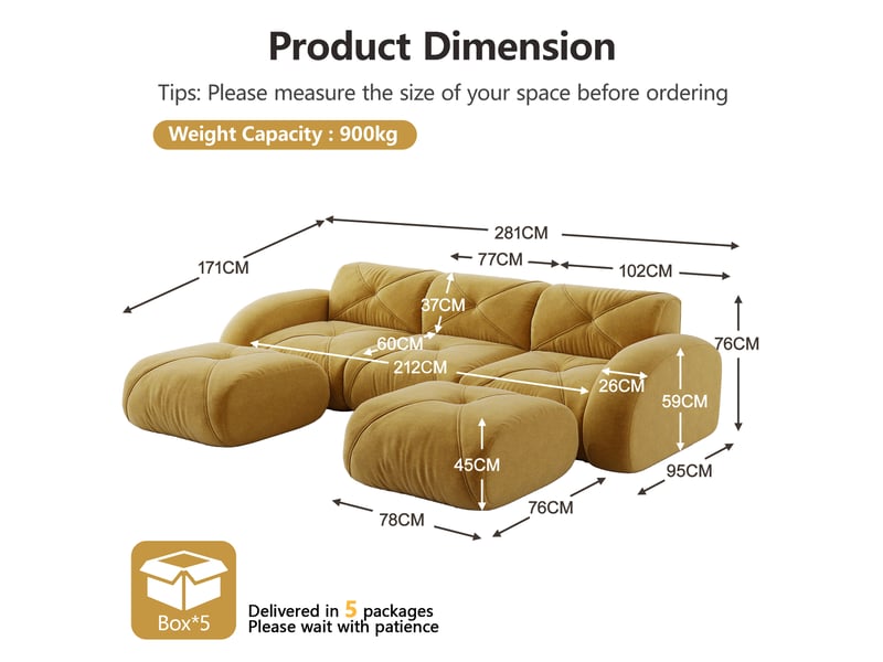 Canapé modulaire en u avec 2 poufs, assise en mousse dense et tissu chenille pour salon, jaune - Conforama E