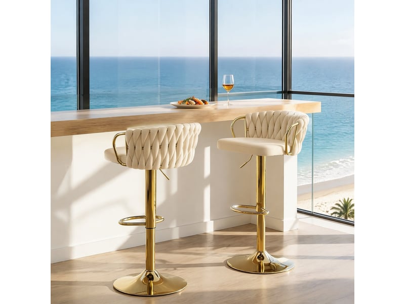  Tabouret de bar lot de 2 pivotant réglable avec dossier et repose-pieds en velours, blanc crème  - Conforama C