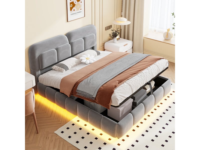  Lit coffre 140x200 cm, lit double, rangement hydraulique, led, velours gris  - Conforama C