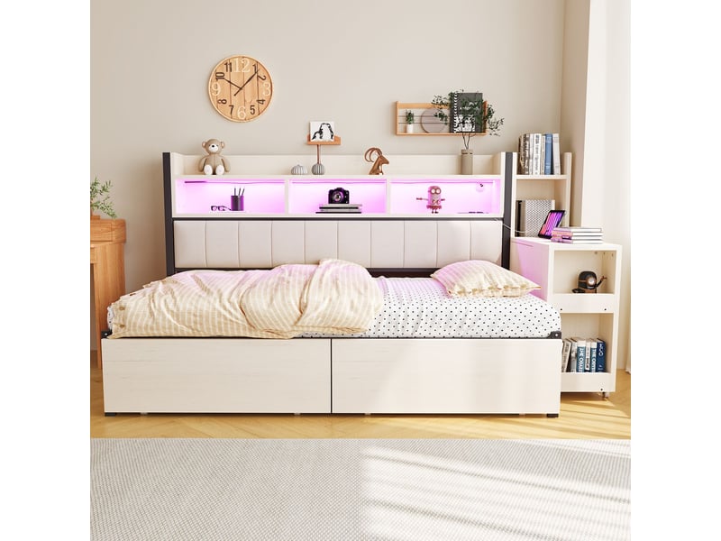  Lit banquette 90x200 cm avec bureau et 2 grands tiroirs - lit coffre - prises intégrées, led et rangements cachés, blanc  - Conforama B