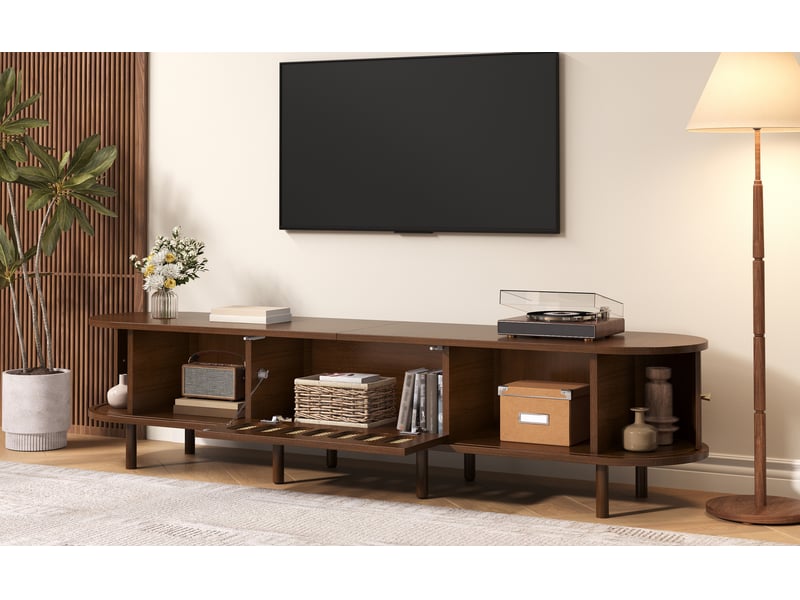  Meuble tv noyer foncé 180 cm, banc tv ovale effet rotin avec portes coulissantes, 180x40x40cm, mdf, noyer  - Conforama B