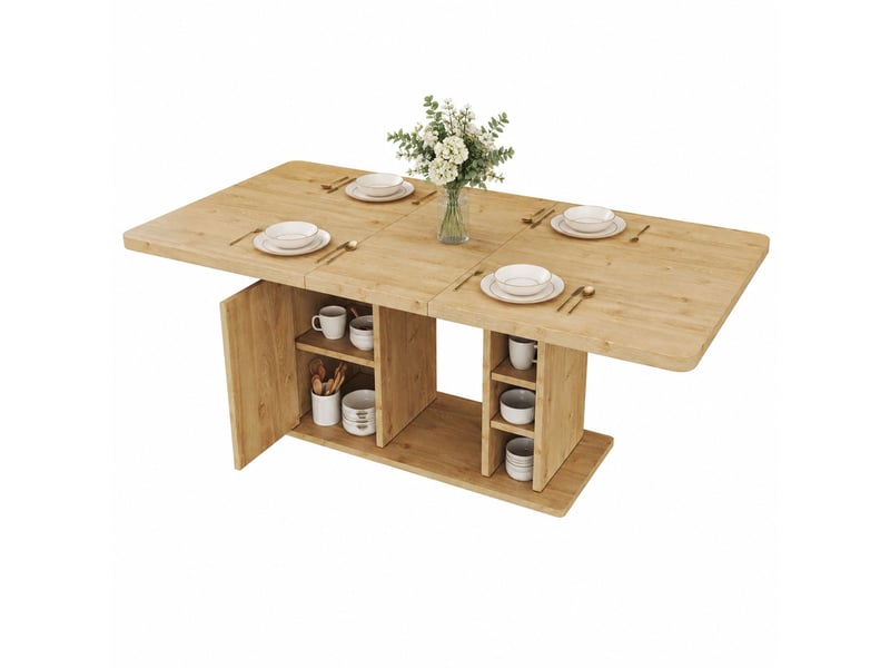  Table à manger extensible 6 à 8 personnes avec rangement, style scandinave, mdf chêne, 140 à 180 × 80 cm  - Conforama A